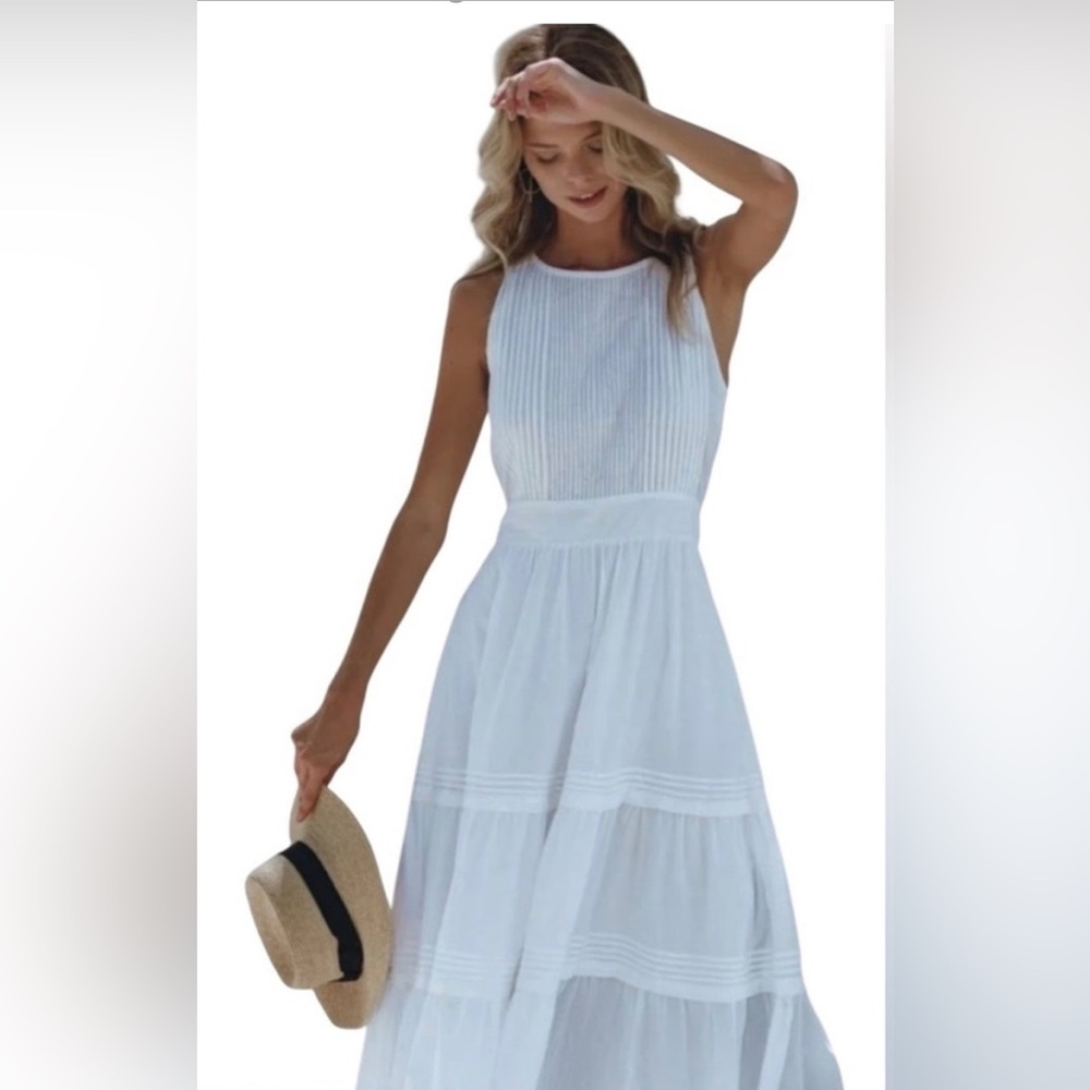 Pampelone Perle White Pleated Tiered Midi Dress Size Medium